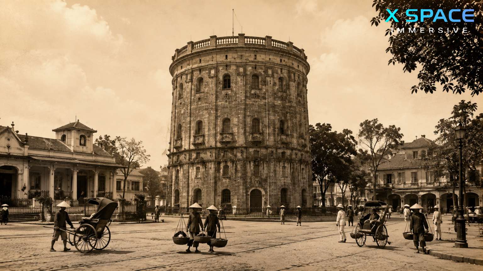 Historic view of Hang Dau Water Tower built in 1894 during the French colonial period in Hanoi