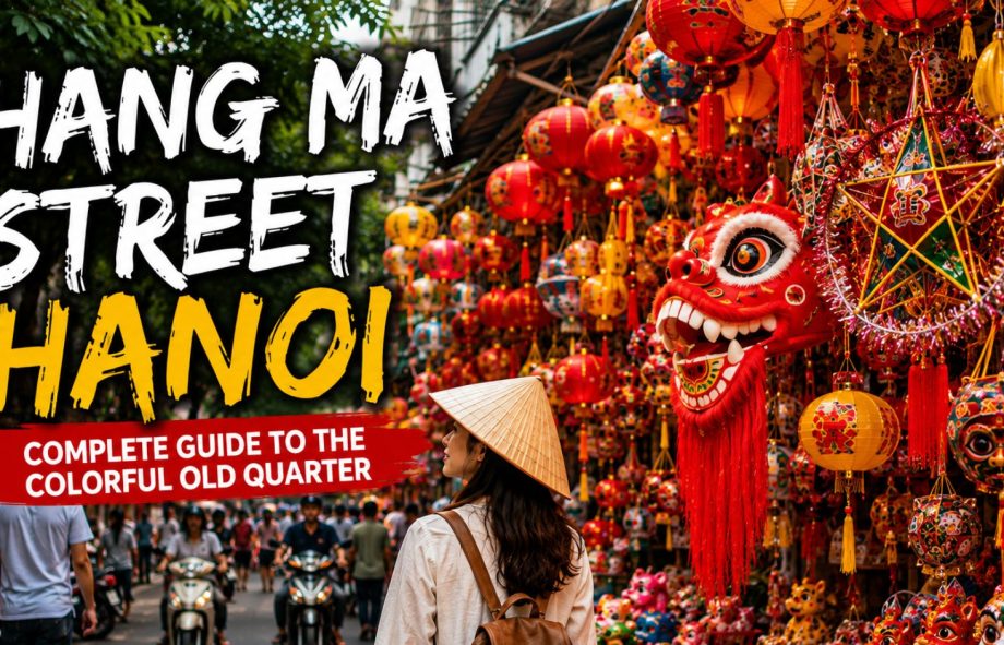 Hang Ma Street Hanoi with colorful lanterns and festival decorations in the Old Quarter