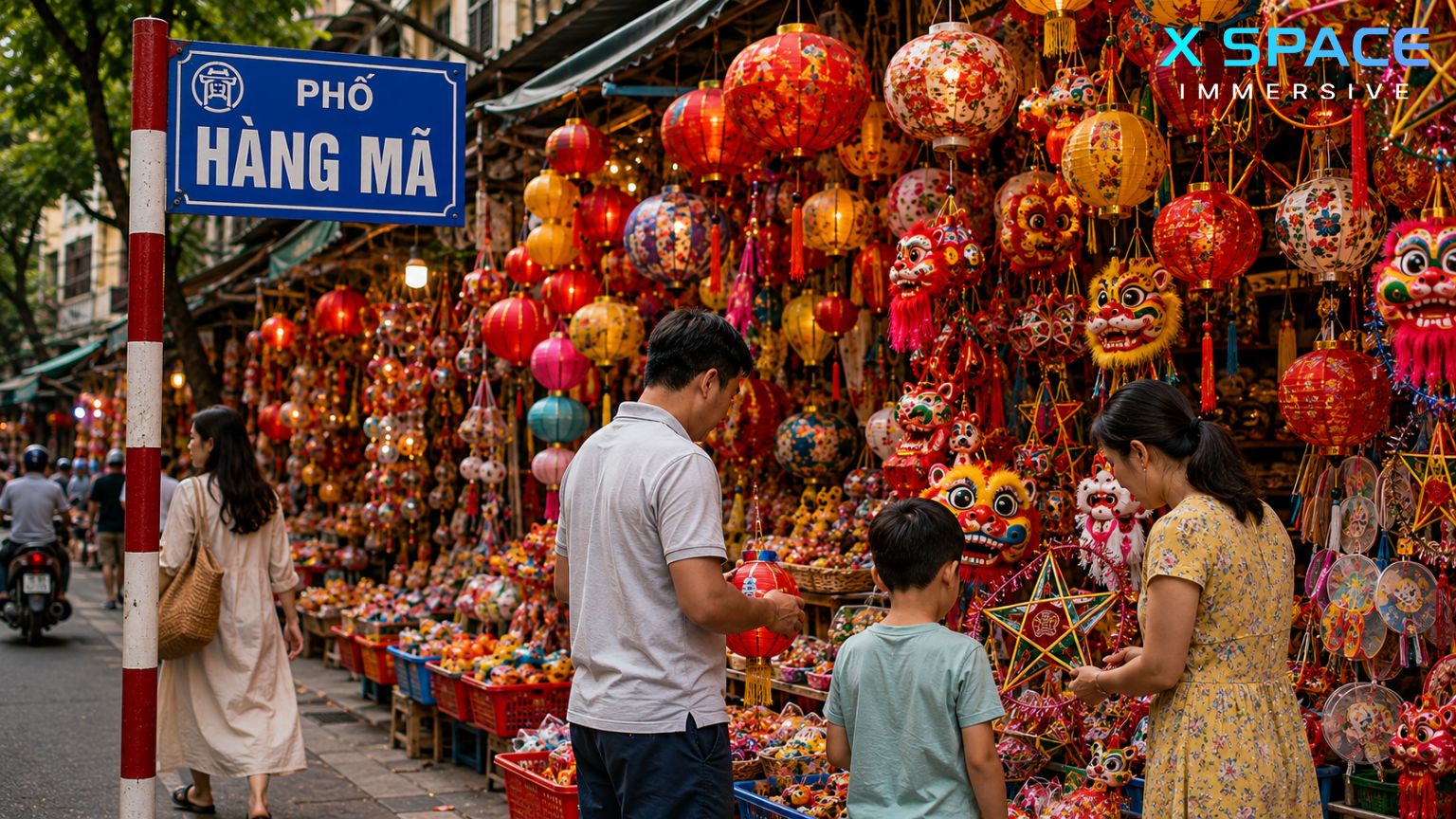 Family shopping for colorful lanterns and festival decorations on Hang Ma Street Hanoi