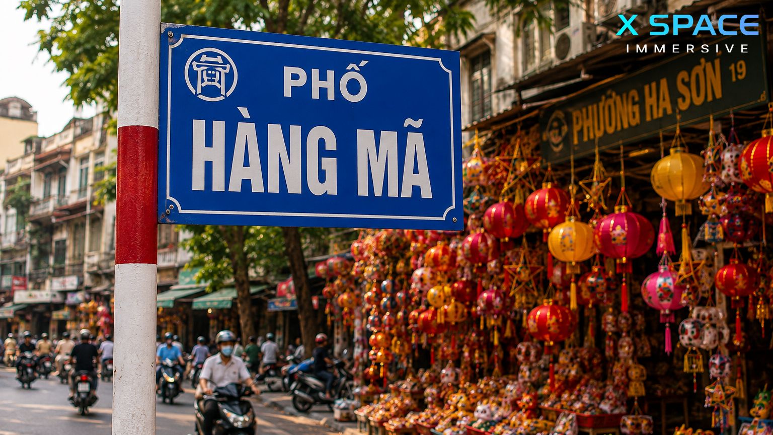 Hang Ma Street sign in Hanoi Old Quarter surrounded by colorful lantern shops