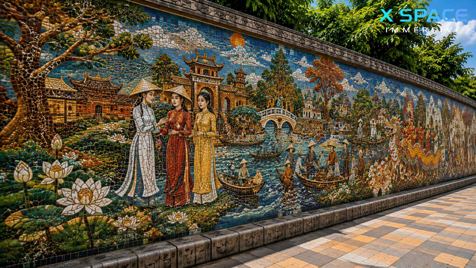 Colorful ceramic mosaic details of the Hanoi Ceramic Mosaic Mural