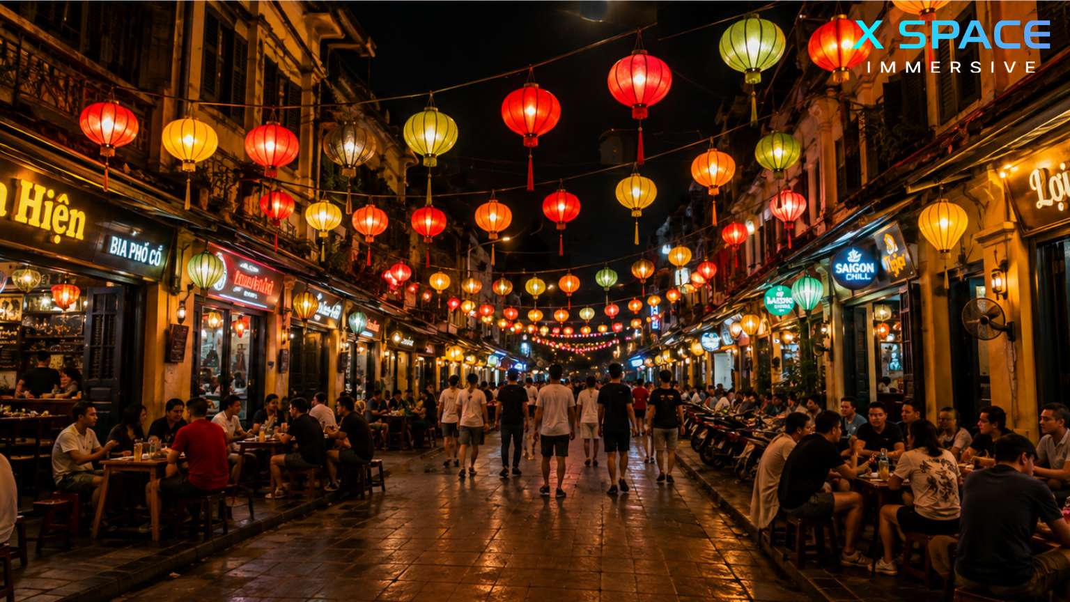Hanoi Old Quarter nightlife with colorful lanterns and lively streets at night