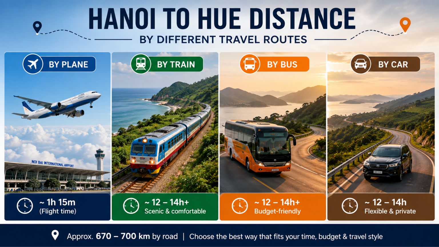 Hanoi to Hue travel time by plane, train, bus, and car