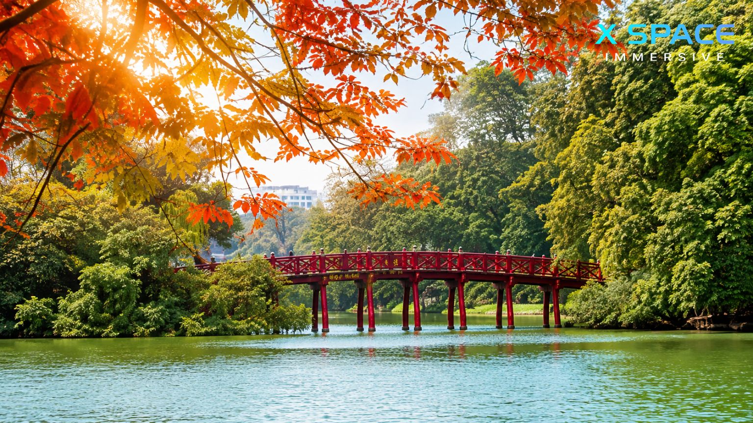 Hoan Kiem Lake and The Huc Bridge in autumn, one of the best times to visit Hanoi