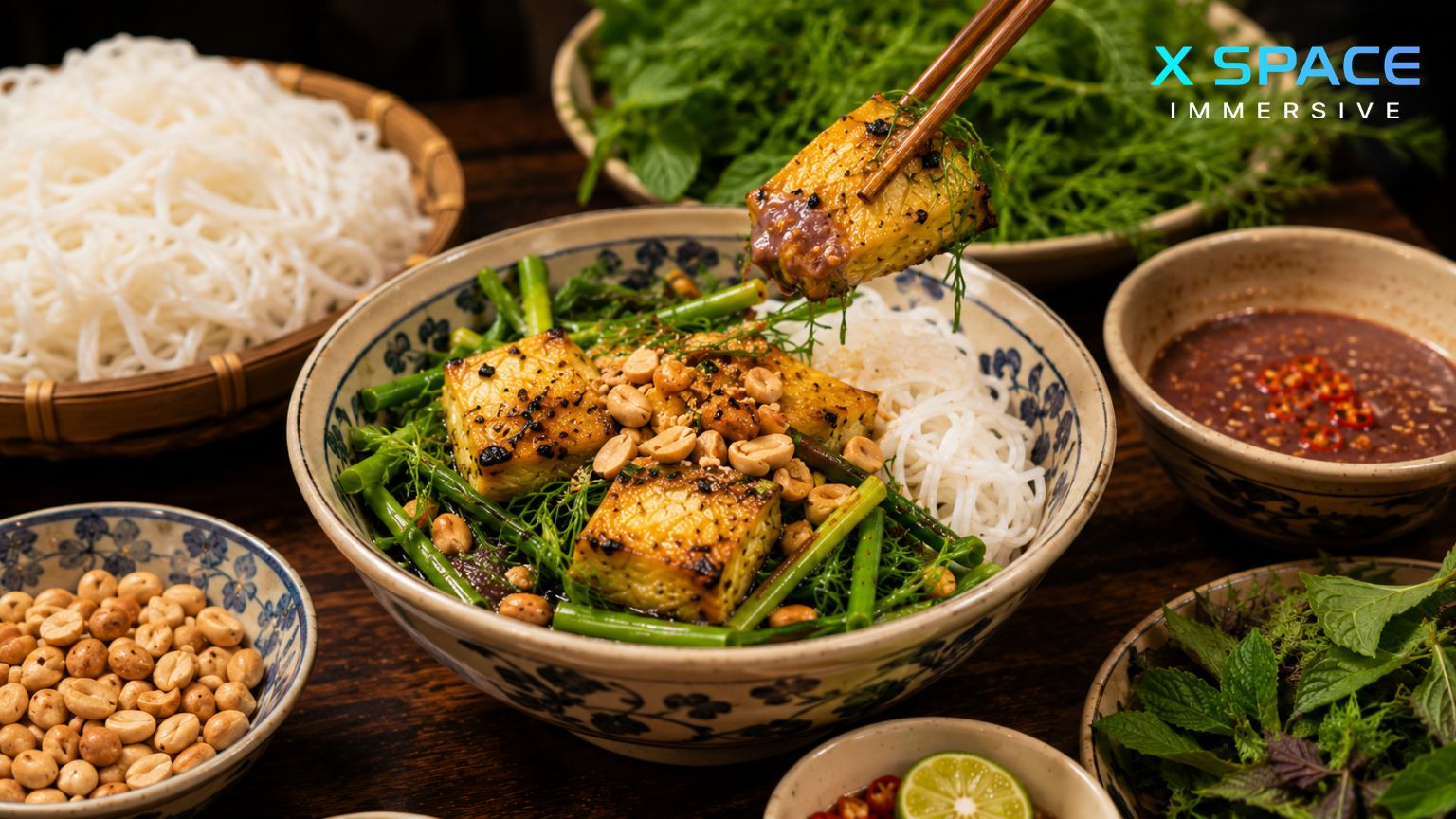 Diners enjoying La Vong grilled fish with rice noodles, herbs, peanuts and dipping sauce
