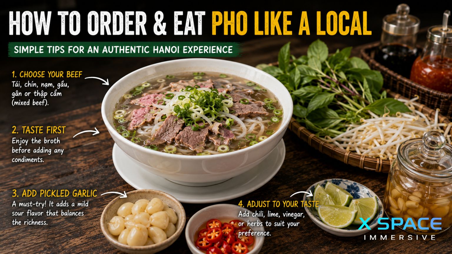 How to order and eat pho like a local in Hanoi with traditional pho toppings and condiments