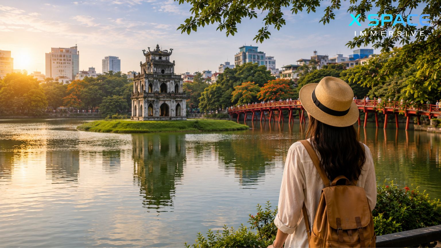 Solo female traveller visiting Hoan Kiem Lake in Hanoi, Vietnam