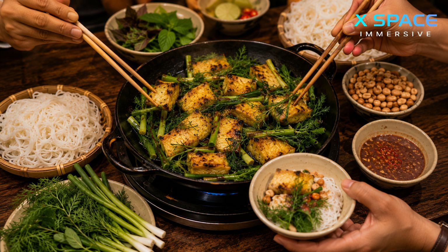 La Vong grilled fish served with fresh dill, rice noodles, peanuts and dipping sauce