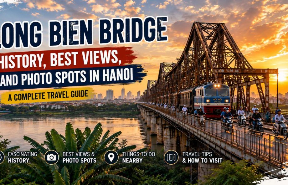 Long Bien Bridge at sunset in Hanoi with train crossing the Red River and panoramic city skyline