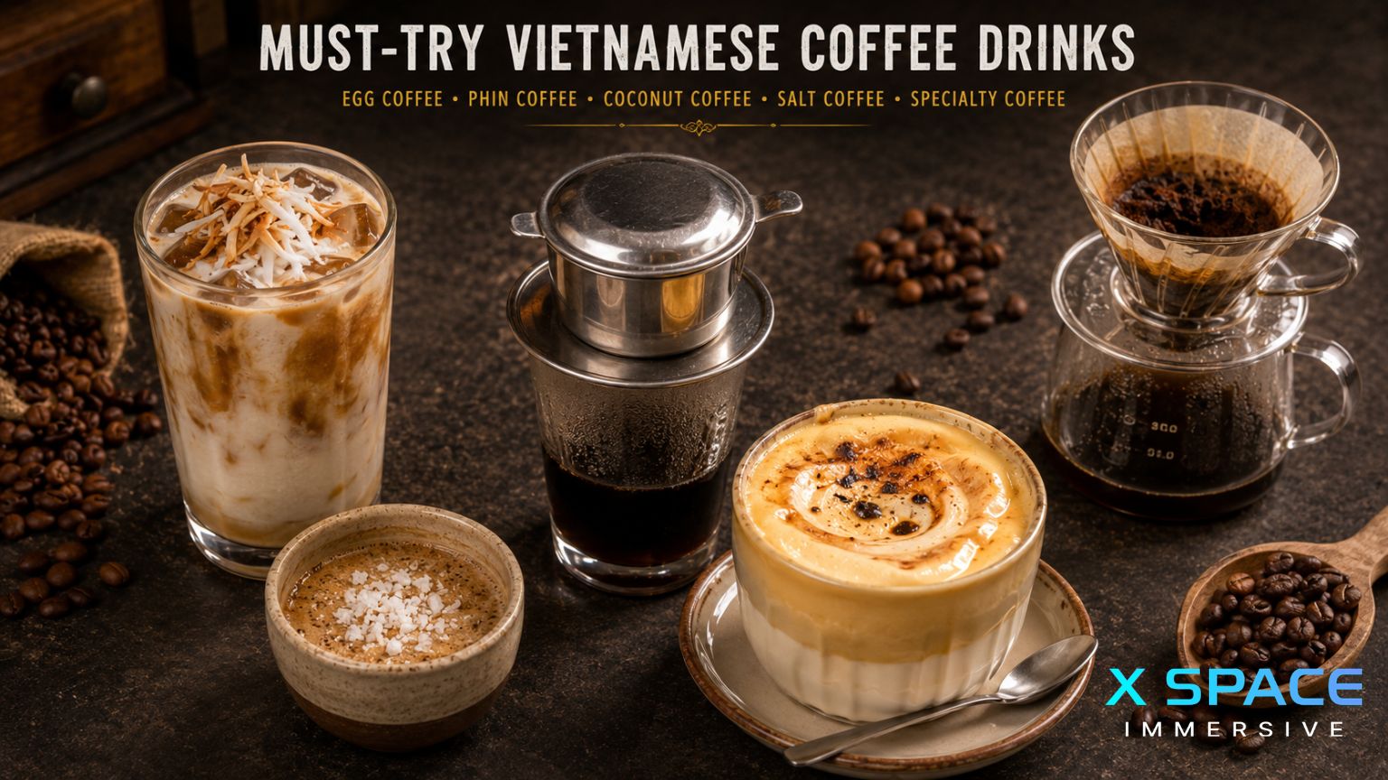 Must-try Vietnamese coffee drinks including egg coffee, phin coffee, coconut coffee, salt coffee, and specialty coffee