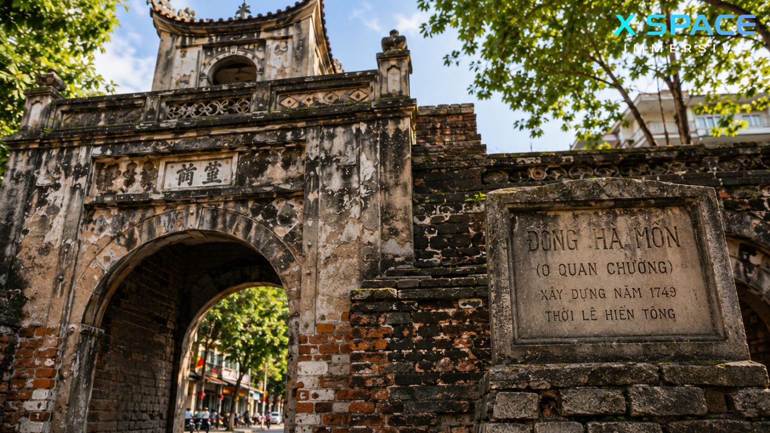 Traditional architecture and historic brickwork of O Quan Chuong Gate in Hanoi
