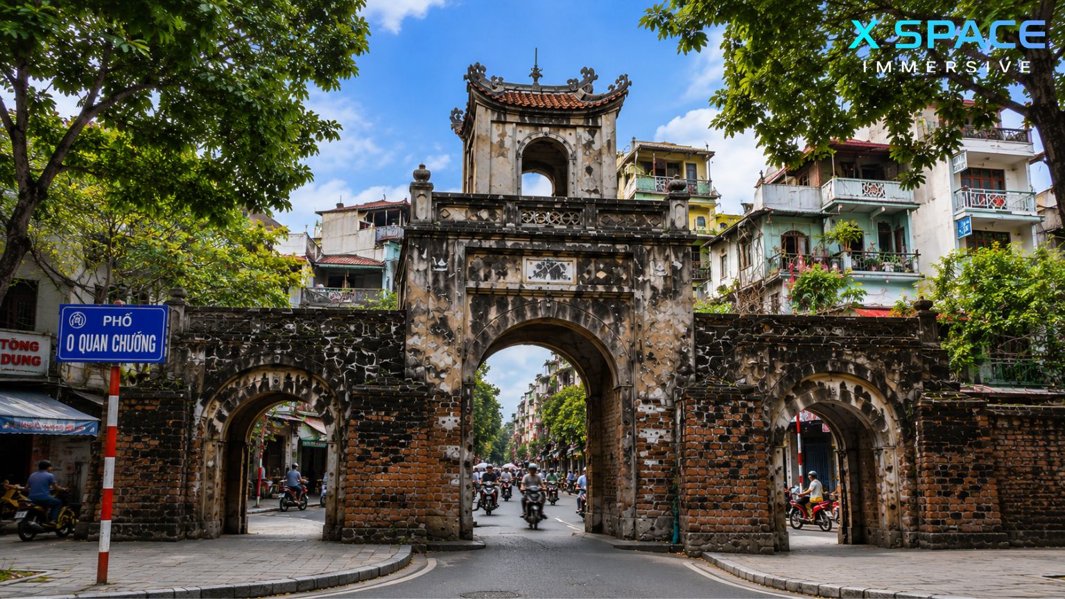 Old City Gate Hanoi and O Quan Chuong Gate street in the historic Hanoi Old Quarter