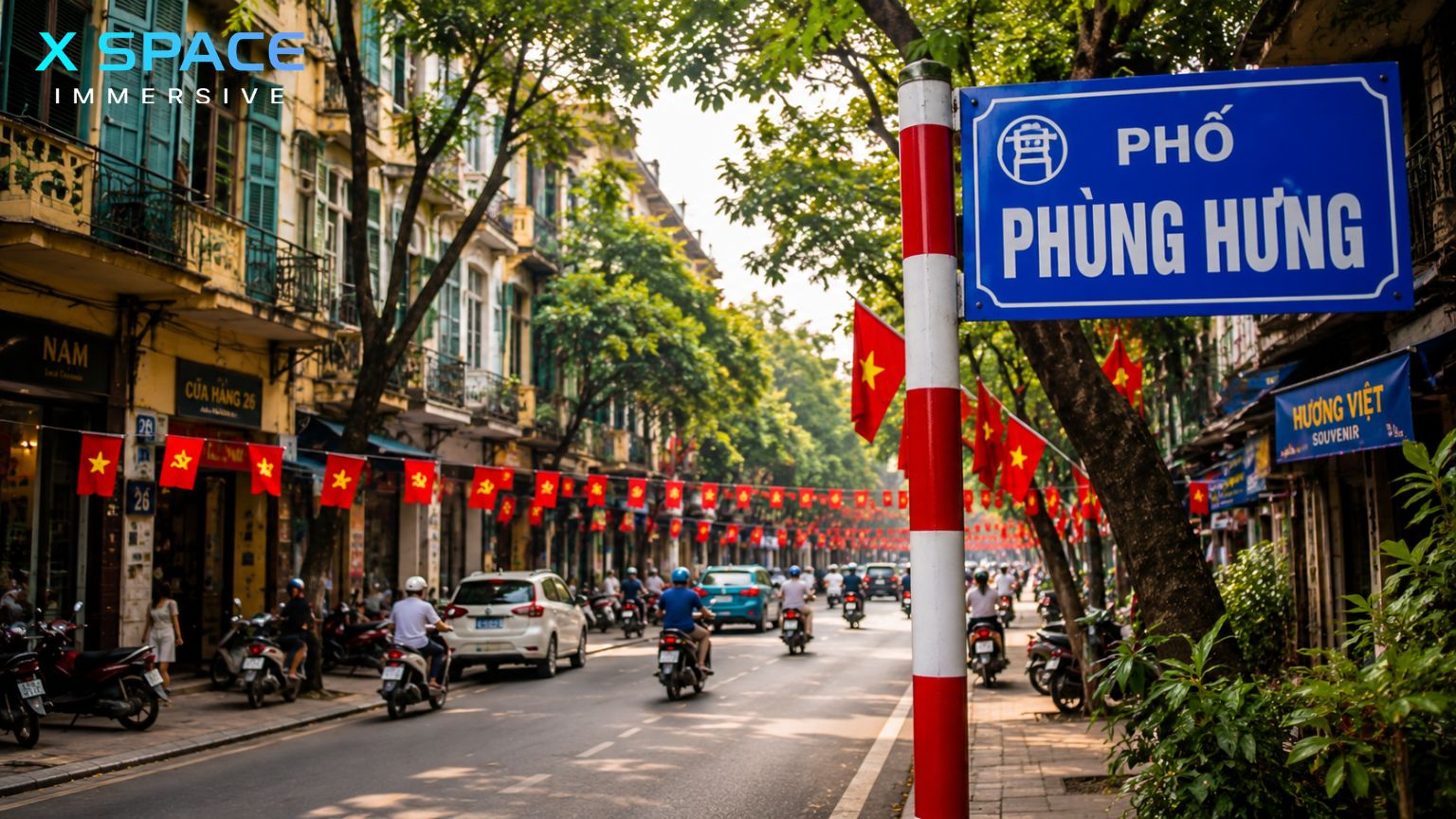 Phung Hung Mural Street directions with Phung Hung Street sign in Hanoi Old Quarter
