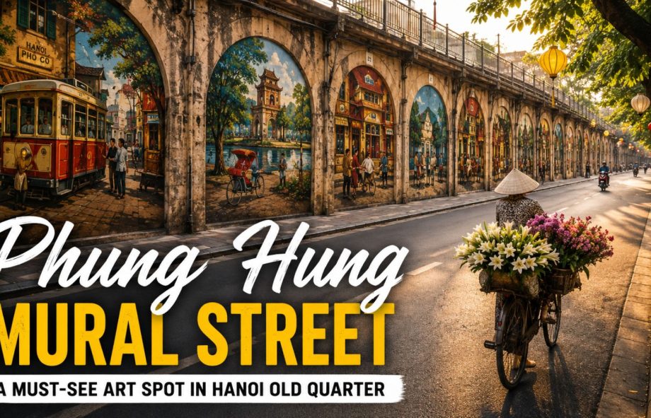 Phung Hung Mural Street in Hanoi Old Quarter with colorful murals and railway arches