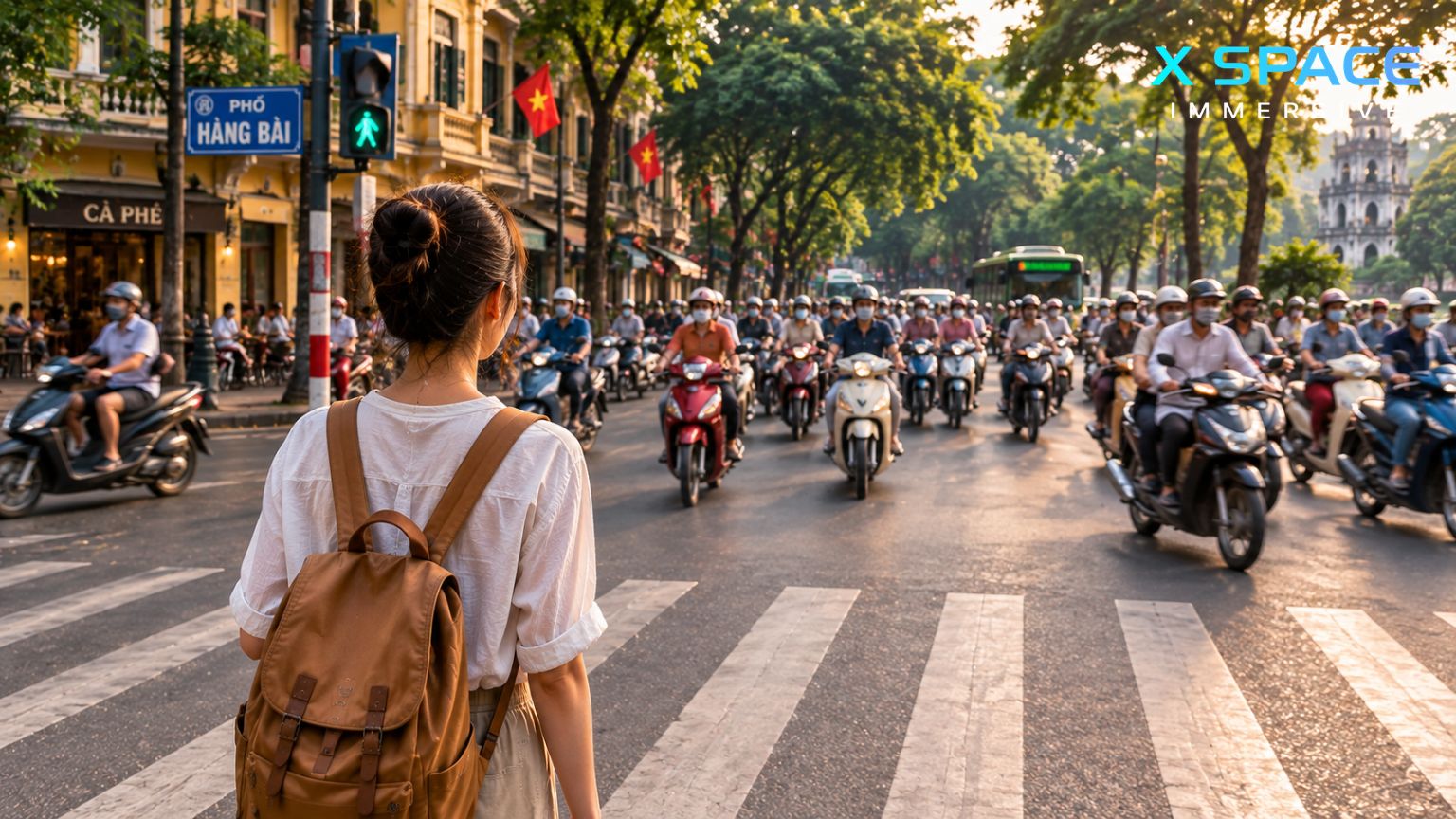 Solo female traveller crossing a busy street surrounded by motorbikes in Hanoi