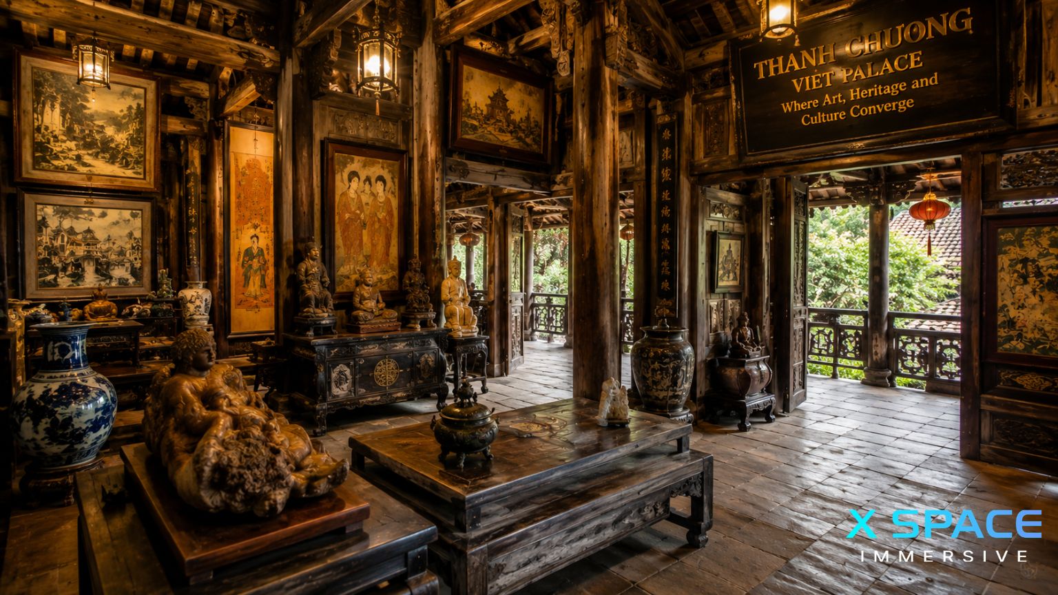 Traditional wooden architecture, artworks and cultural artifacts inside Thanh Chuong Viet Palace