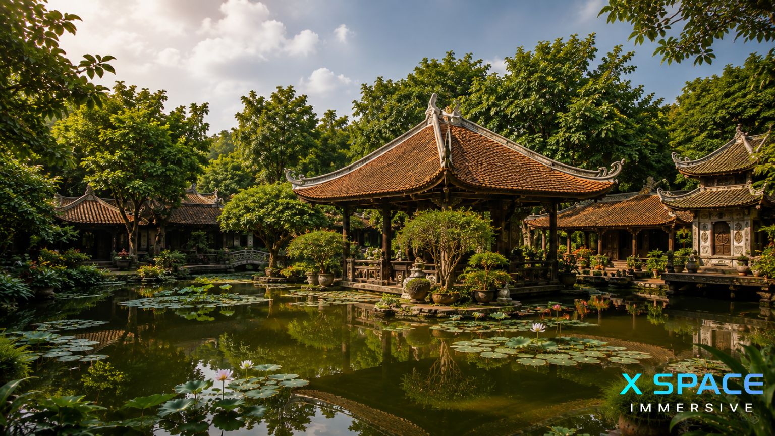 Traditional Vietnamese pavilions and lotus pond at Thanh Chuong Viet Palace near Hanoi