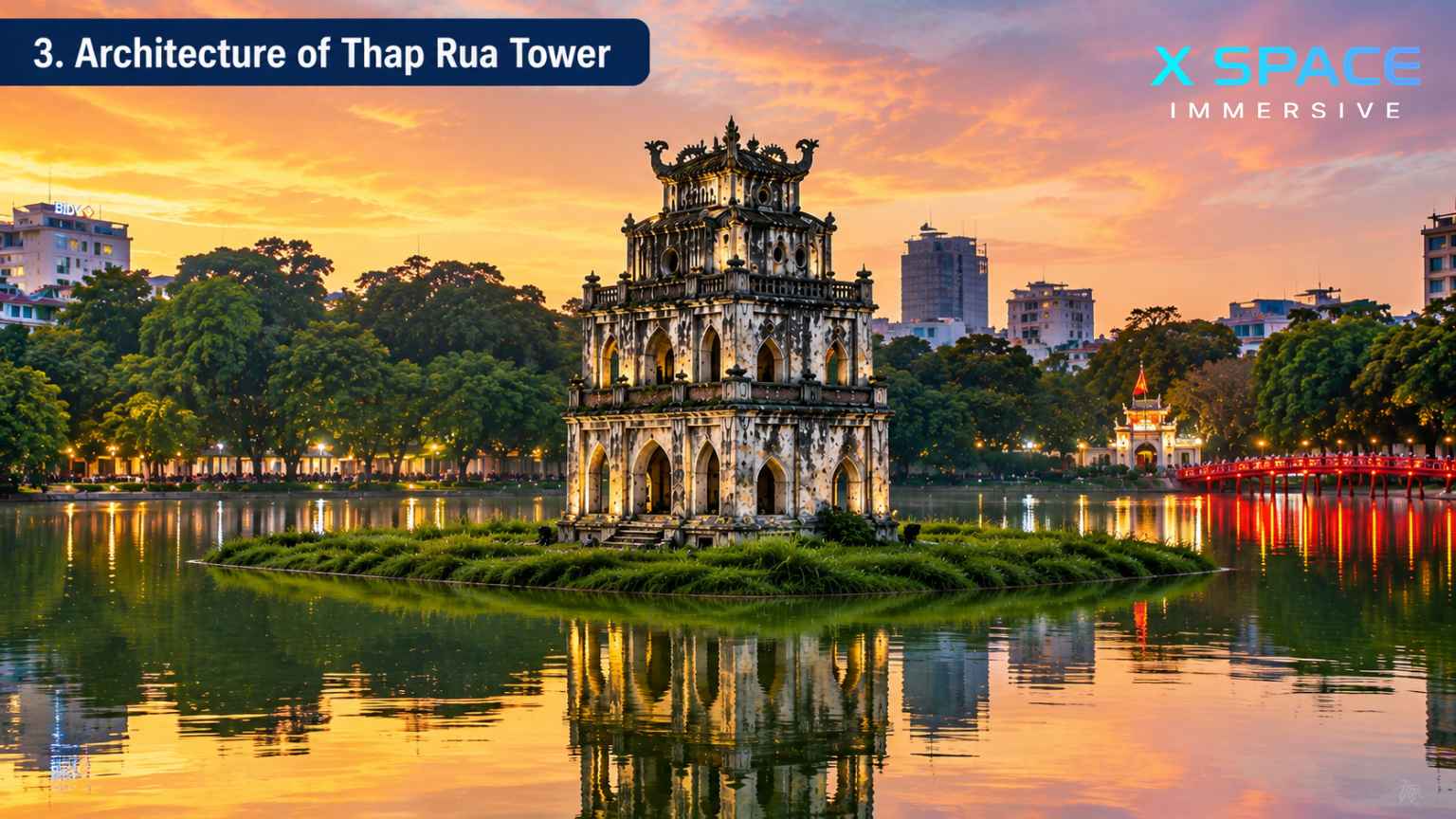 Architecture of Thap Rua Tower showing its historic multi-level design in Hoan Kiem Lake