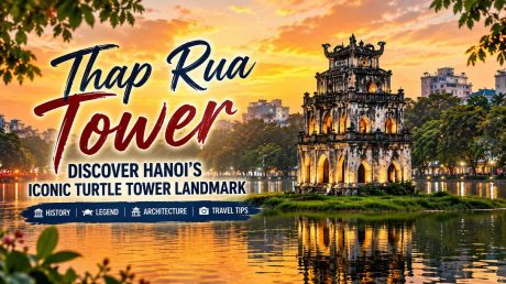 Thap Rua Tower in Hanoi at sunset, the iconic Turtle Tower landmark on Hoan Kiem Lake
