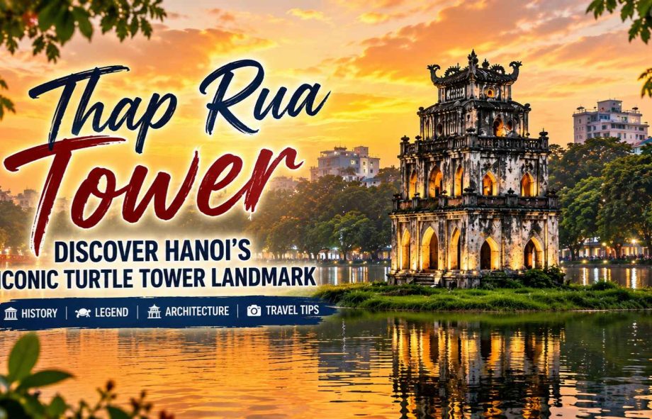Thap Rua Tower in Hanoi at sunset, the iconic Turtle Tower landmark on Hoan Kiem Lake