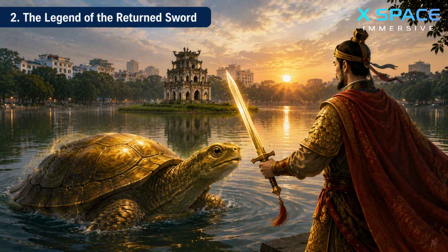 Legend of the Returned Sword with the Golden Turtle at Hoan Kiem Lake near Thap Rua Tower