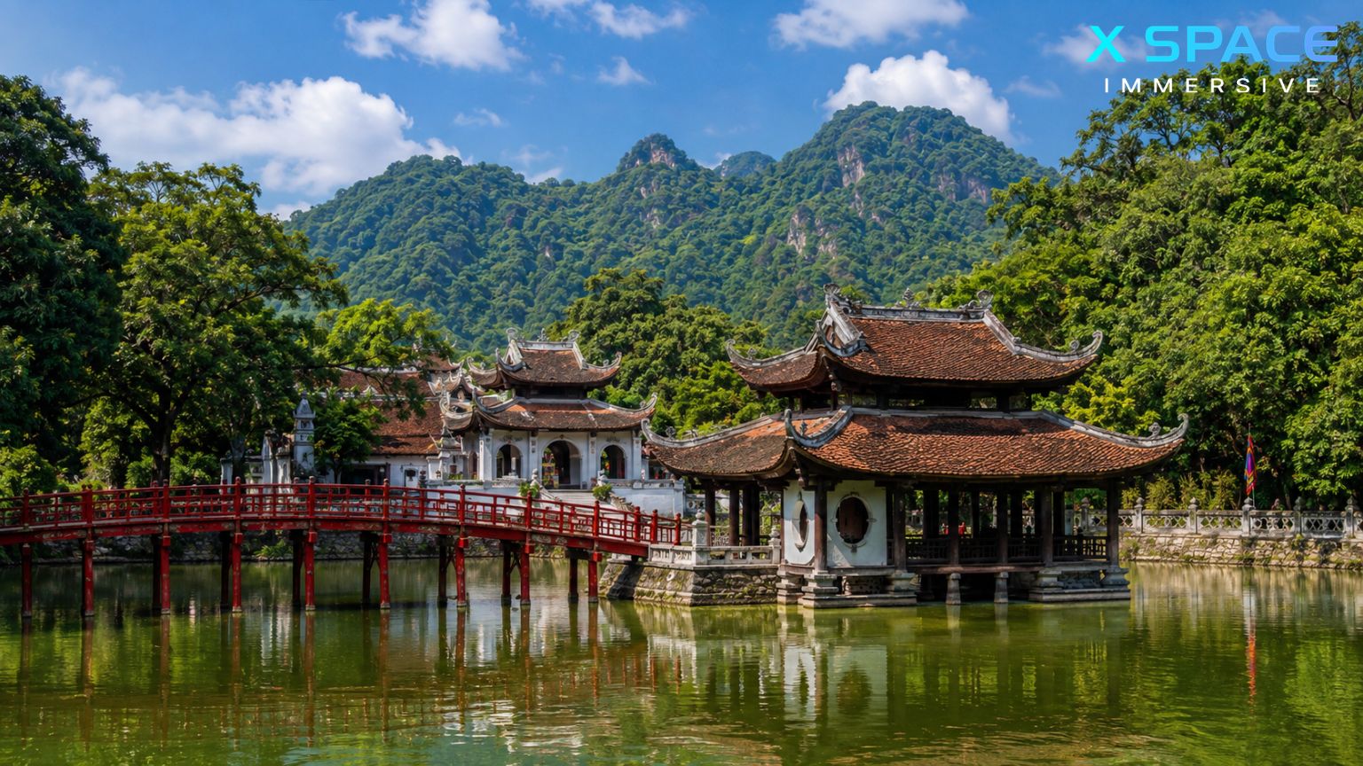 Thay Pagoda Hanoi with Thuy Dinh pavilion and scenic mountain landscape