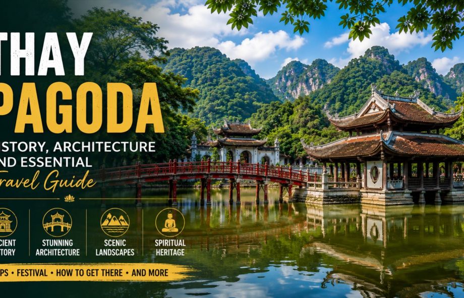 Thay Pagoda in Hanoi with red bridge, lake and Sai Son Mountain