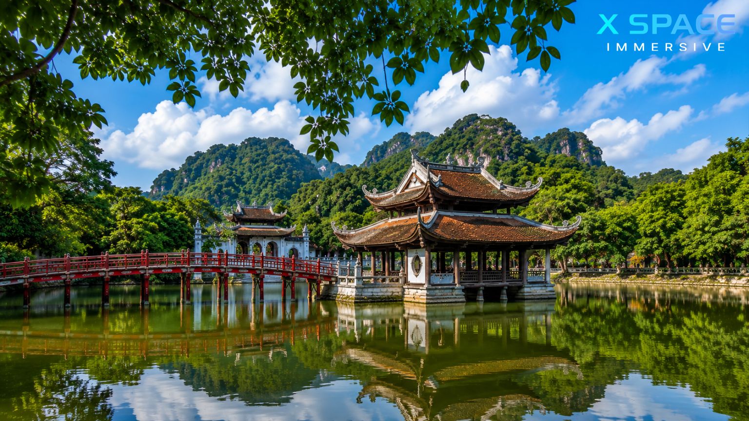 Thay Pagoda surrounded by Sai Son Mountain, lake and lush green landscape