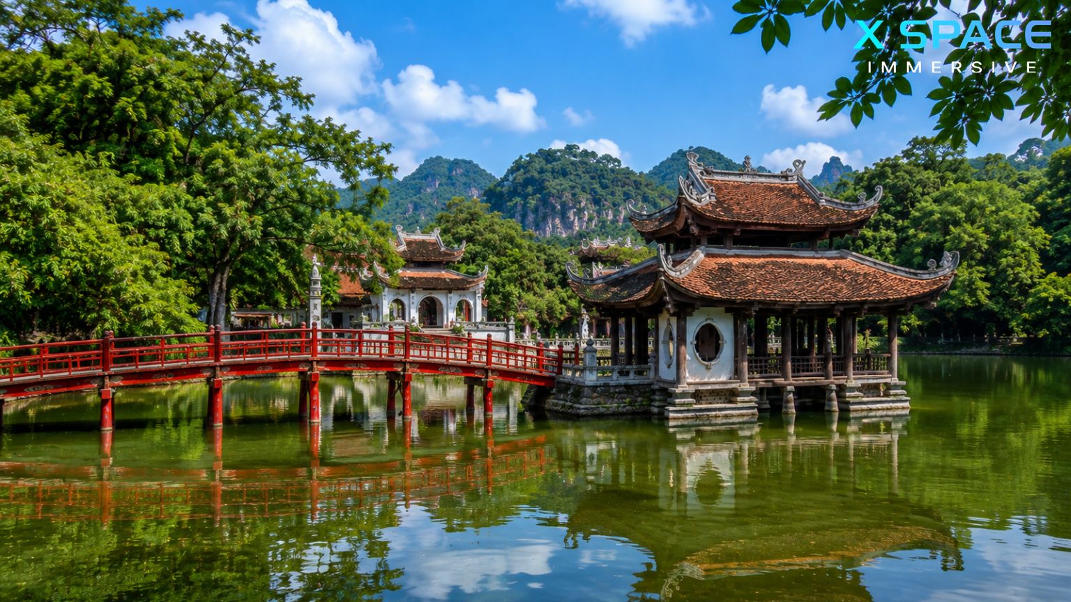 Thuy Dinh pavilion at Thay Pagoda beside the red bridge and Long Tri Lake