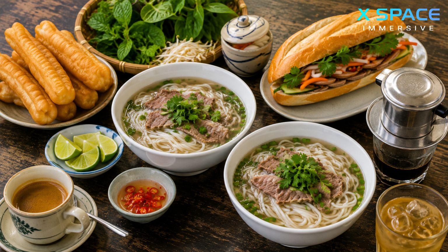Hanoi street food near Phung Hung Mural Street with pho banh mi and Vietnamese coffee