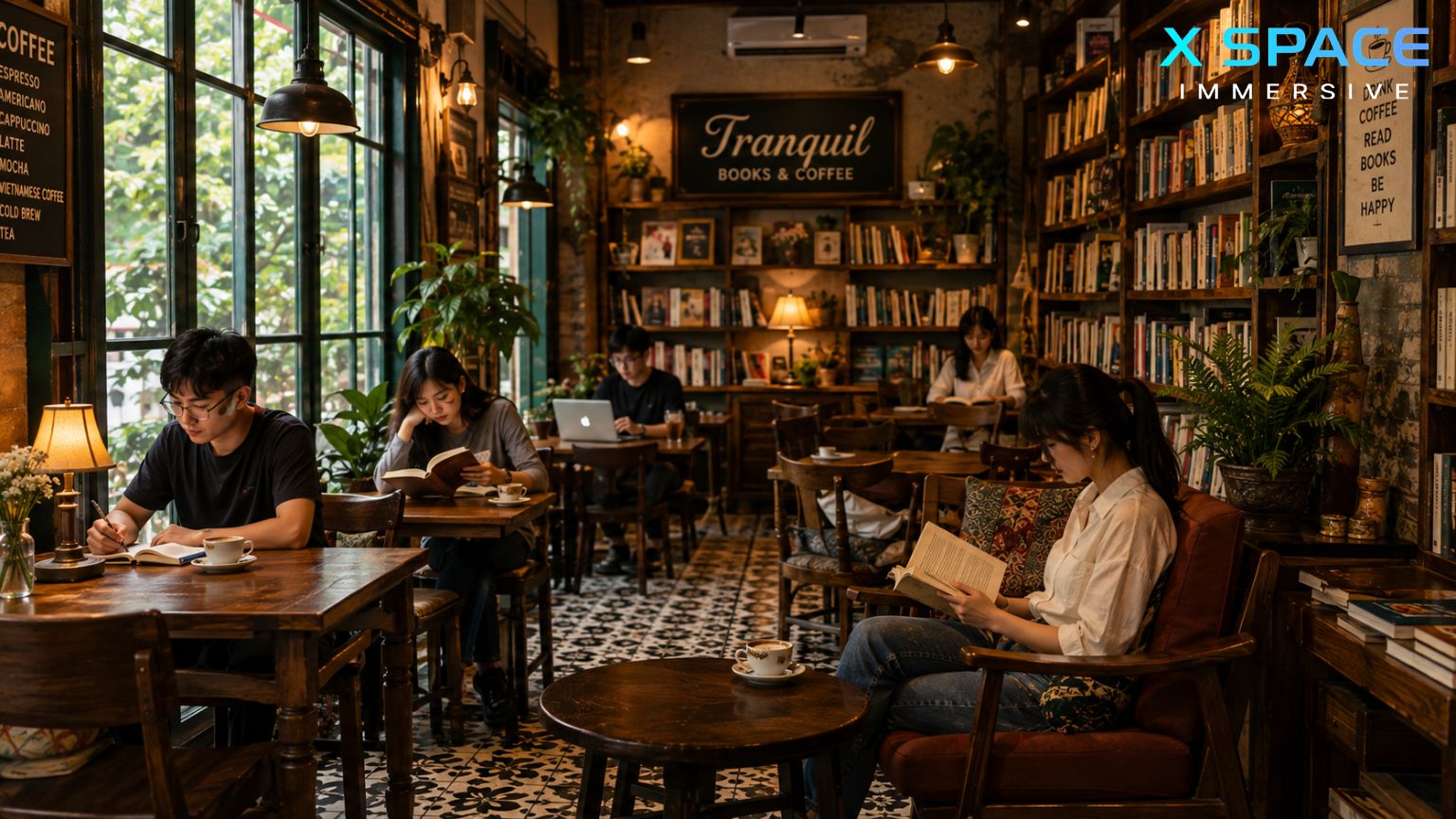 Cozy café interior in Hanoi Old Quarter perfect for relaxing, reading, and enjoying Vietnamese coffee