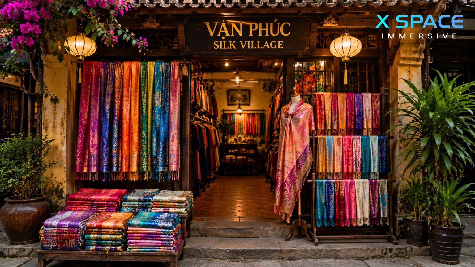 Colorful traditional silk shop at Van Phuc Silk Village Hanoi