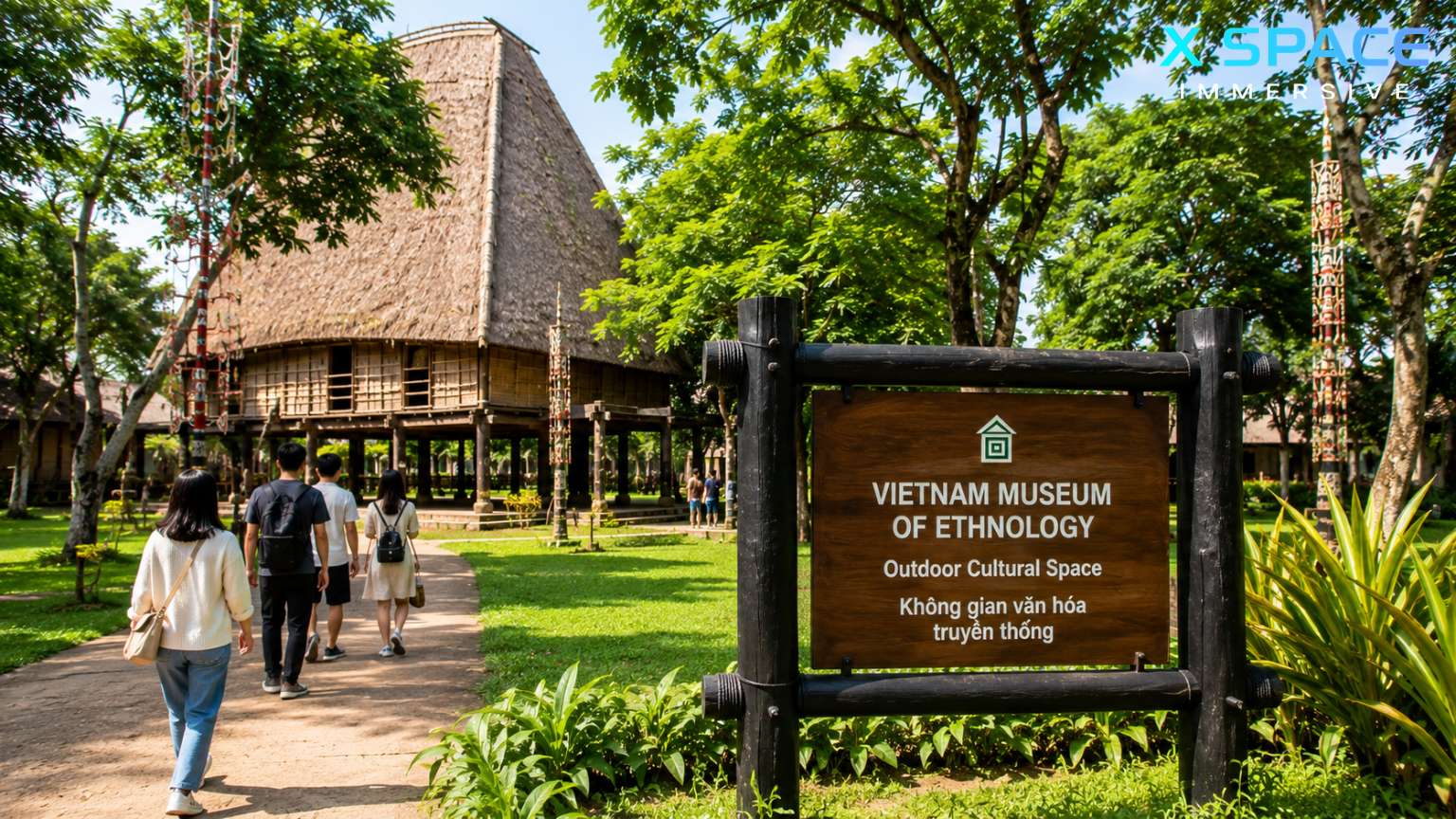 Peaceful garden, pond and red bridge at the Vietnam Museum of Ethnology in Hanoi