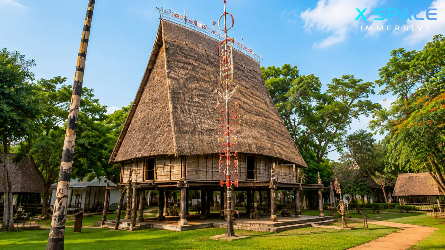 Indoor exhibition at the Vietnam Museum of Ethnology showcasing traditional costumes, artifacts and cultural displays