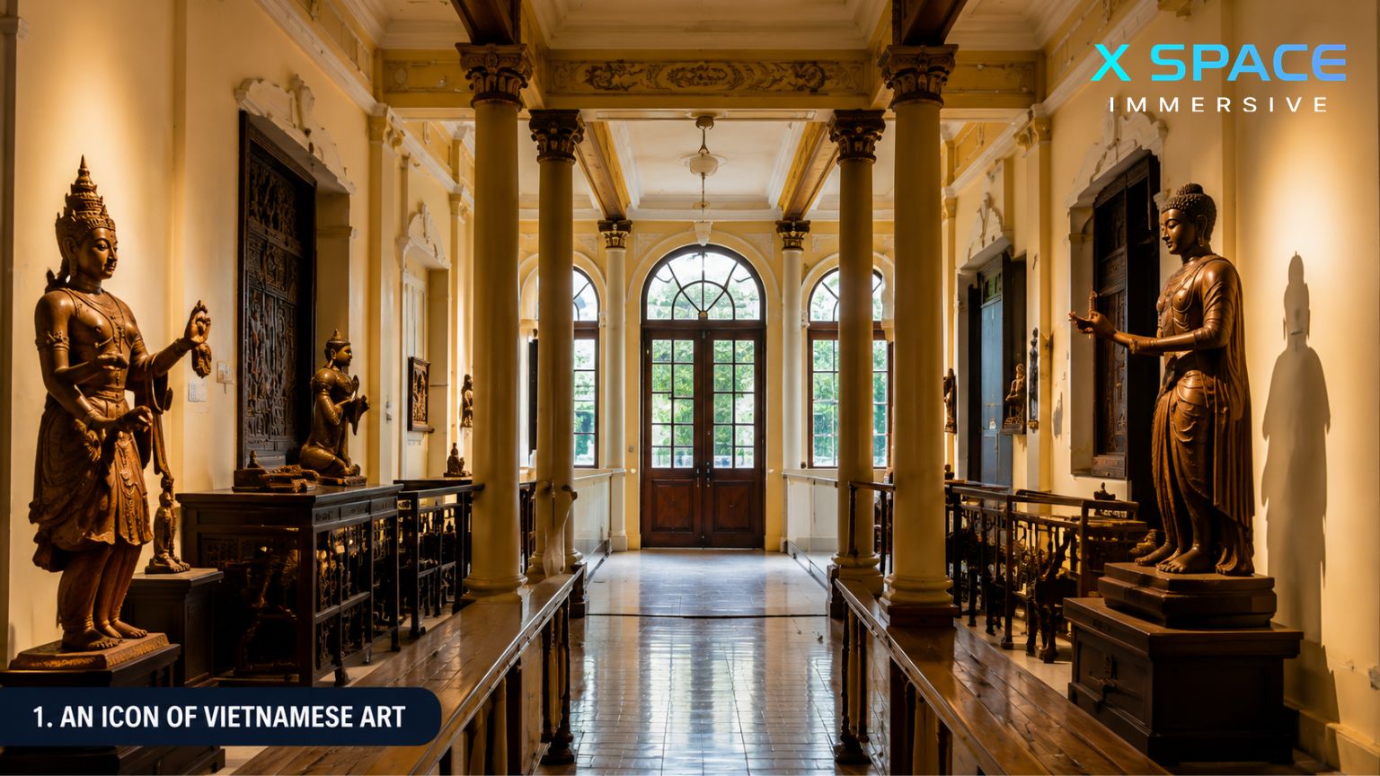 Vietnam National Fine Arts Museum interior with traditional Vietnamese Buddhist sculptures in Hanoi
