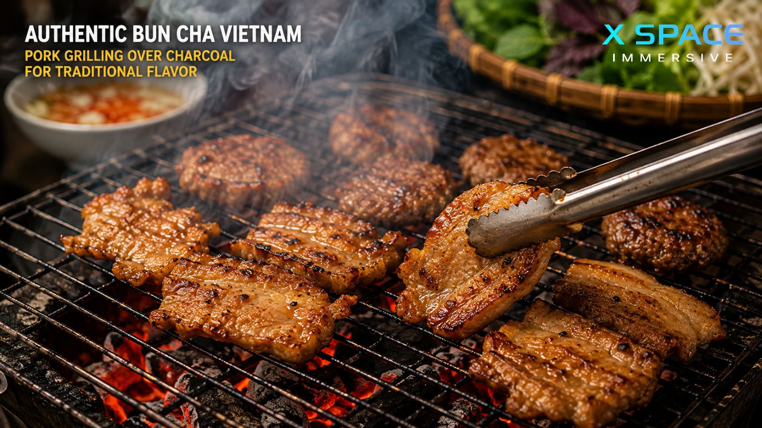 Vietnamese bun cha served with grilled pork, rice noodles, fresh herbs and crispy spring rolls