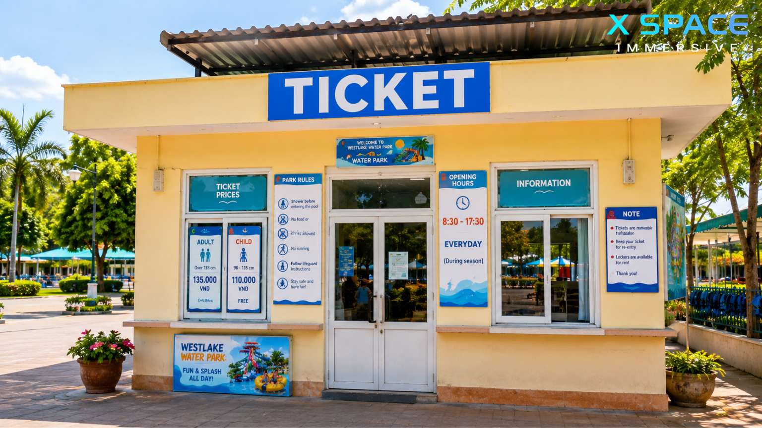 Westlake Water Park ticket office showing ticket prices and visitor information in Hanoi