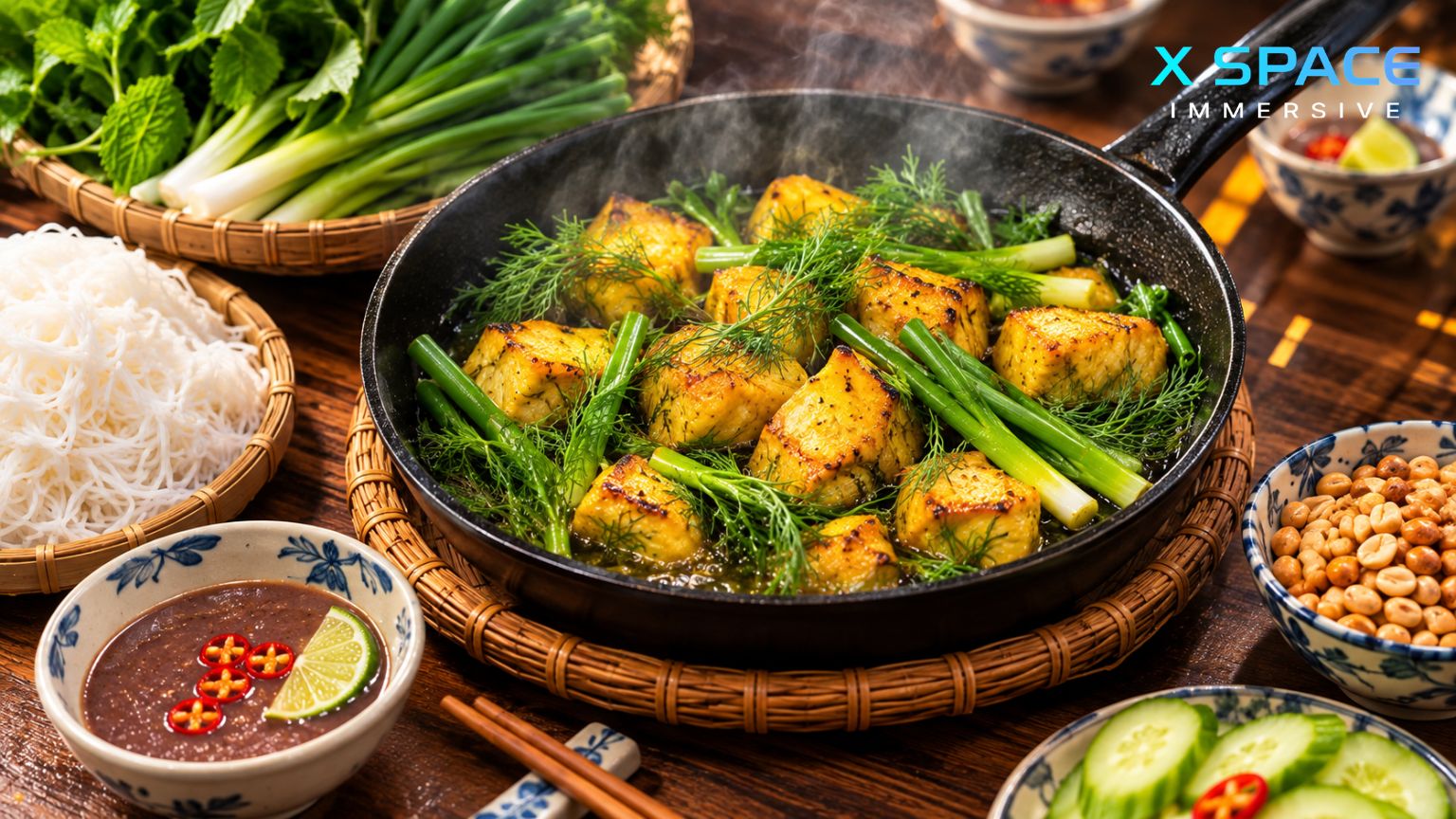 La Vong grilled fish sizzling in a pan with fresh dill and green onions