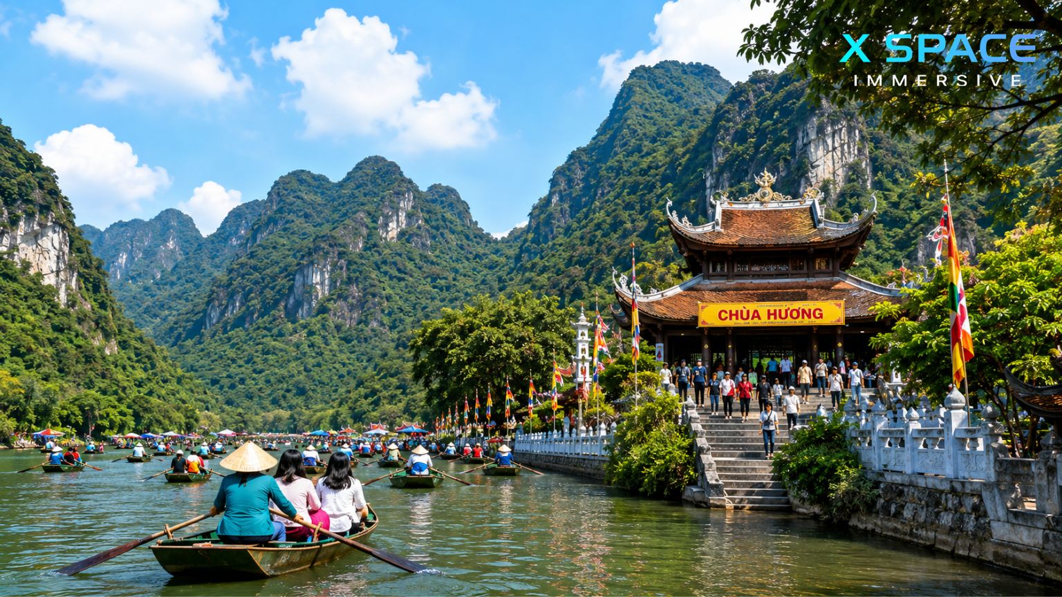 Perfume Pagoda Vietnam surrounded by limestone mountains