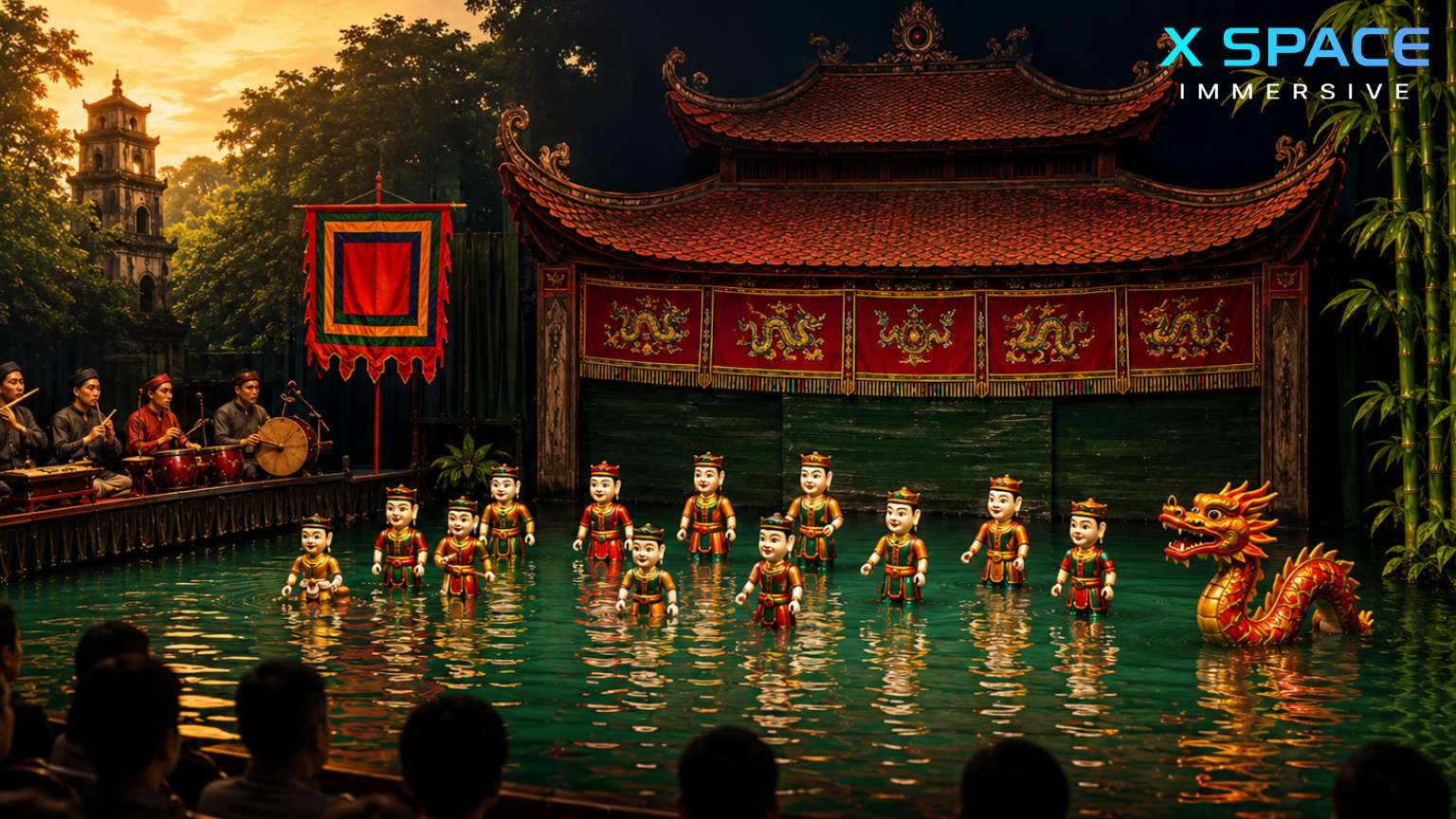 Traditional Vietnamese water puppets performing on the water stage at Thang Long Water Puppet Theatre
