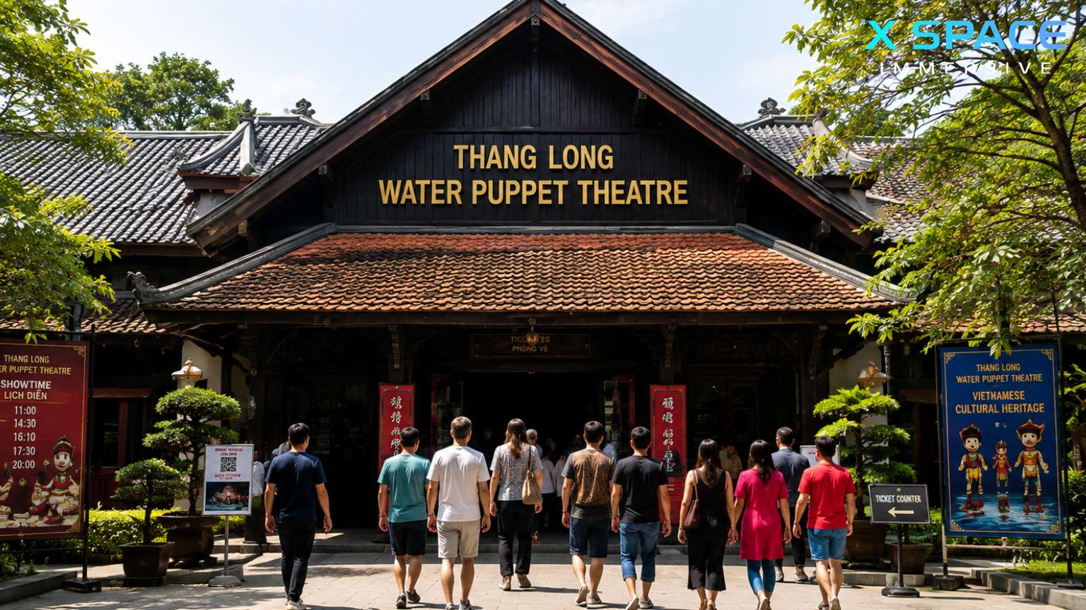 Colorful traditional water puppet performance featuring dragons, musicians and Vietnamese folklore