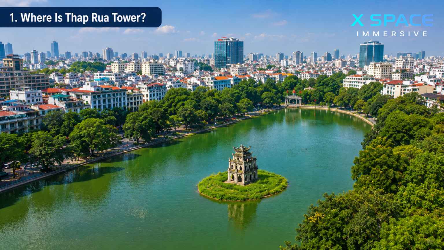Aerial view of Thap Rua Tower in Hoan Kiem Lake, Hanoi city center
