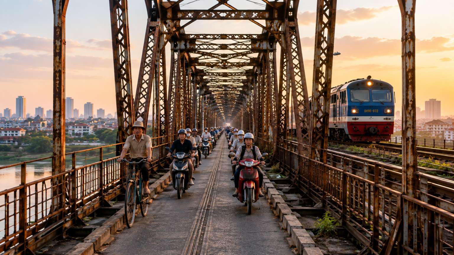 Daily life on Long Bien Bridge with motorbikes, cyclists, pedestrians, and train in Hanoi
