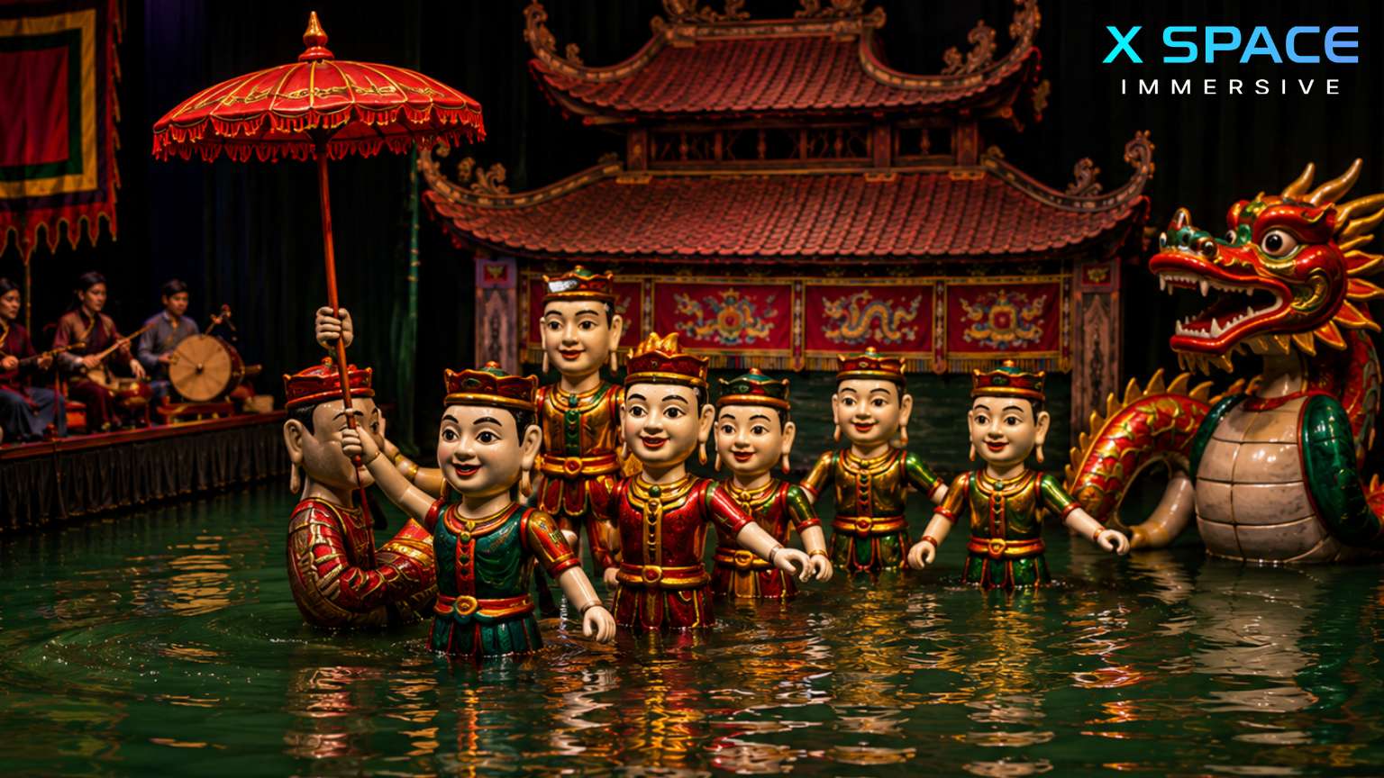 Audience watching the famous Thang Long Water Puppet Theatre performance with live traditional orchestra