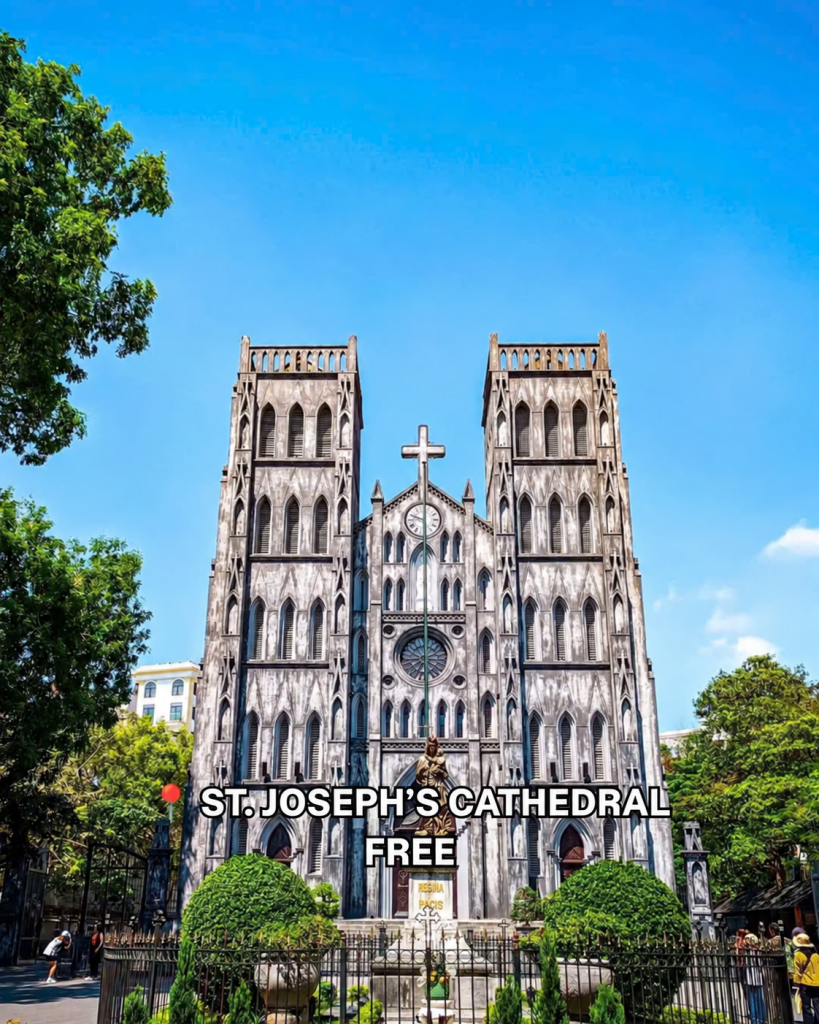 The weathered neo-gothic facade of St. Joseph's Cathedral in Hanoi
