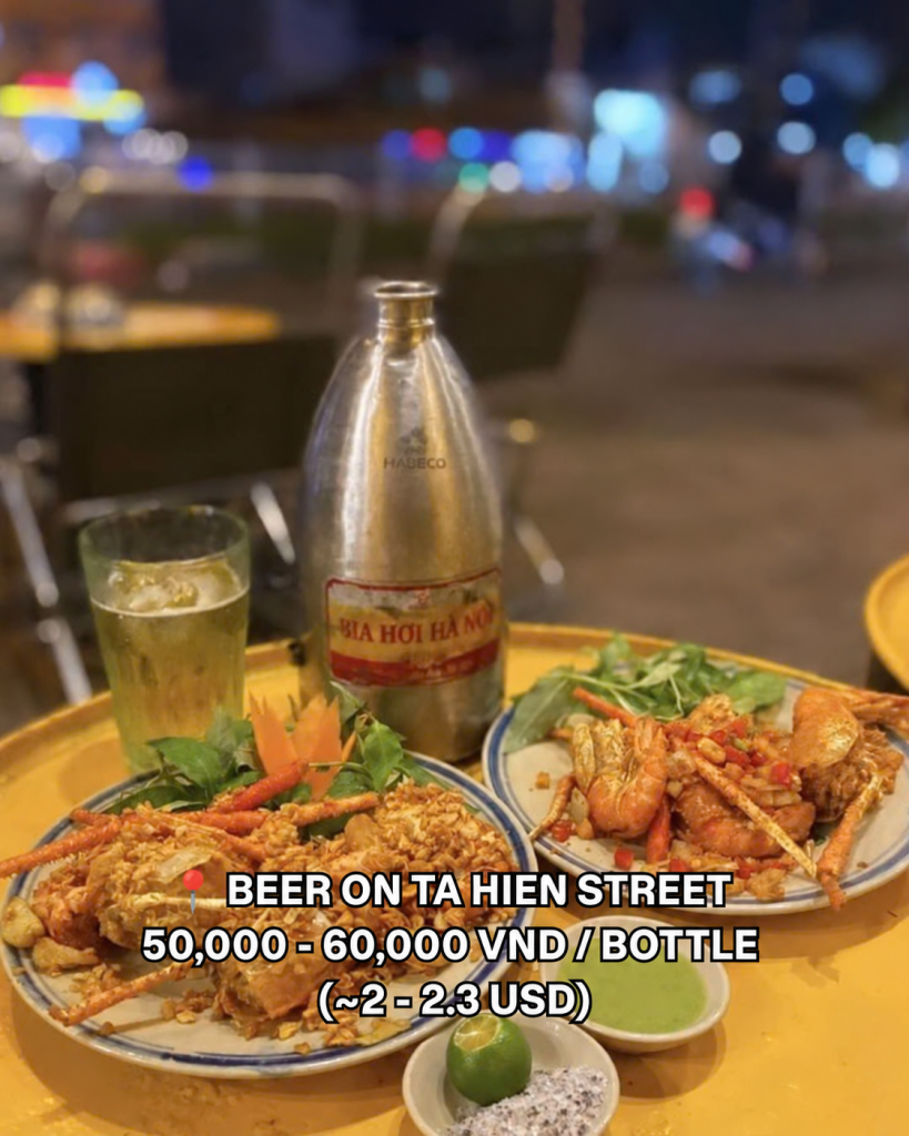 Bia hoi and seafood on a table on Ta Hien Street in Hanoi's Old Quarter