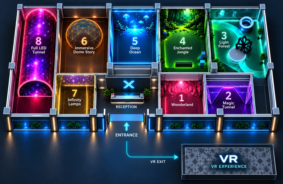 Floor plan of X Space Immersive: reception, rooms 1 to 8 from Wonderland to the Full LED Tunnel, and the VR room across the walkway